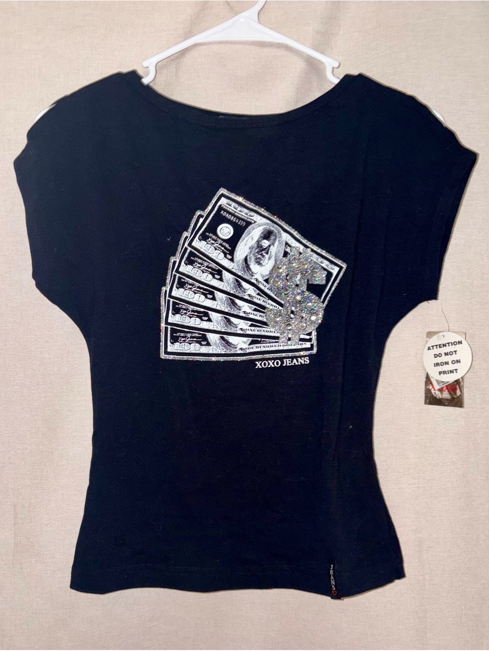 XOXO Jeans Y2K Black Rhinestone Money Graphic Tee Top Size S NWT Bling